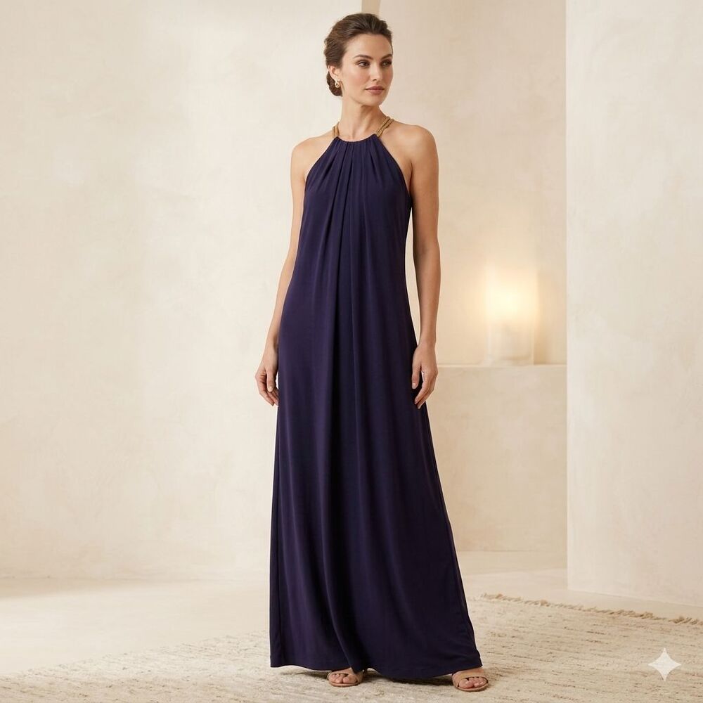 NWT Lauren Ralph Lauren Dress Size 10 Halter Midnight Evening Gown Gold Hardware